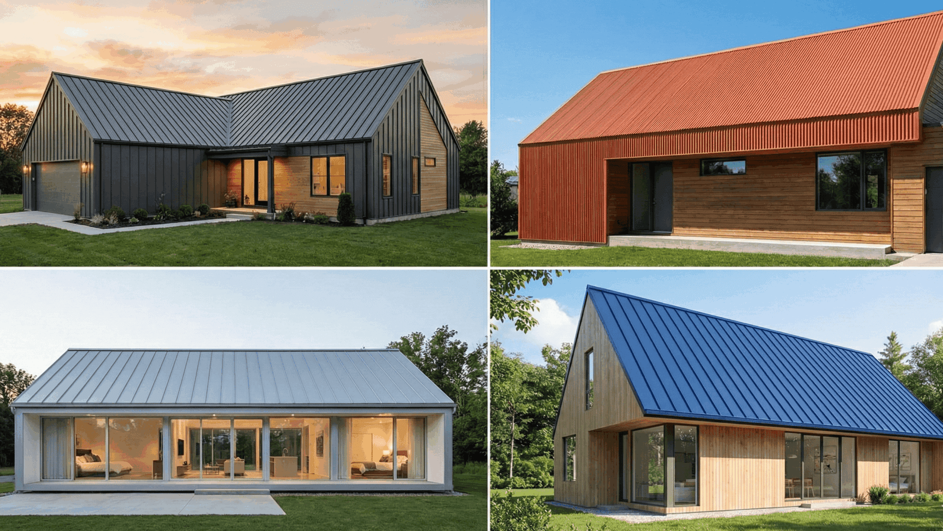 Colagem com quatro exemplos de arquitetura residencial moderna utilizando coberturas metálicas em diferentes cores e estilos