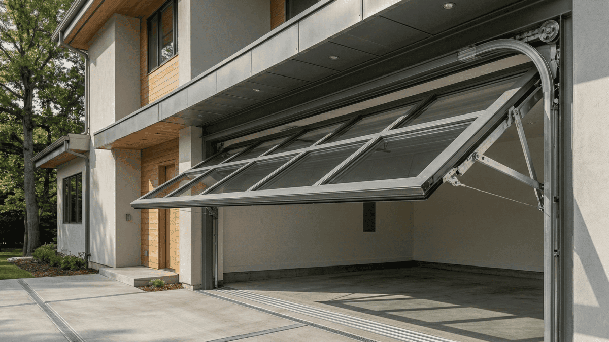 Portão de garagem moderno em aço e vidro abrindo, revelando o mecanismo de sustentação e a estrutura metálica robusta