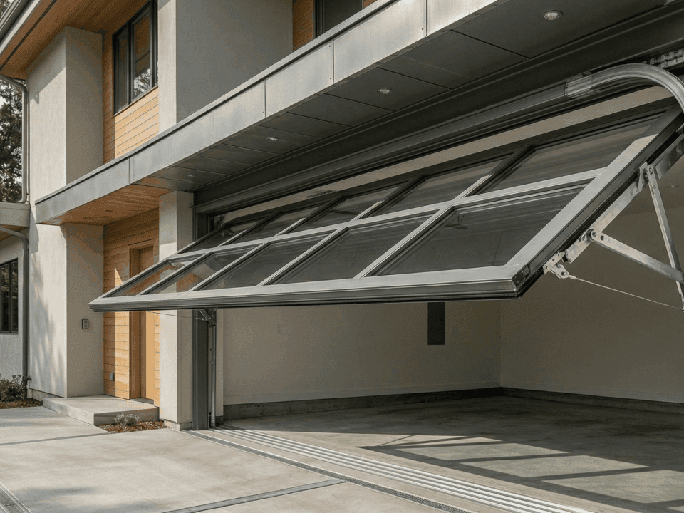 Portão de garagem moderno em aço e vidro abrindo, revelando o mecanismo de sustentação e a estrutura metálica robusta
