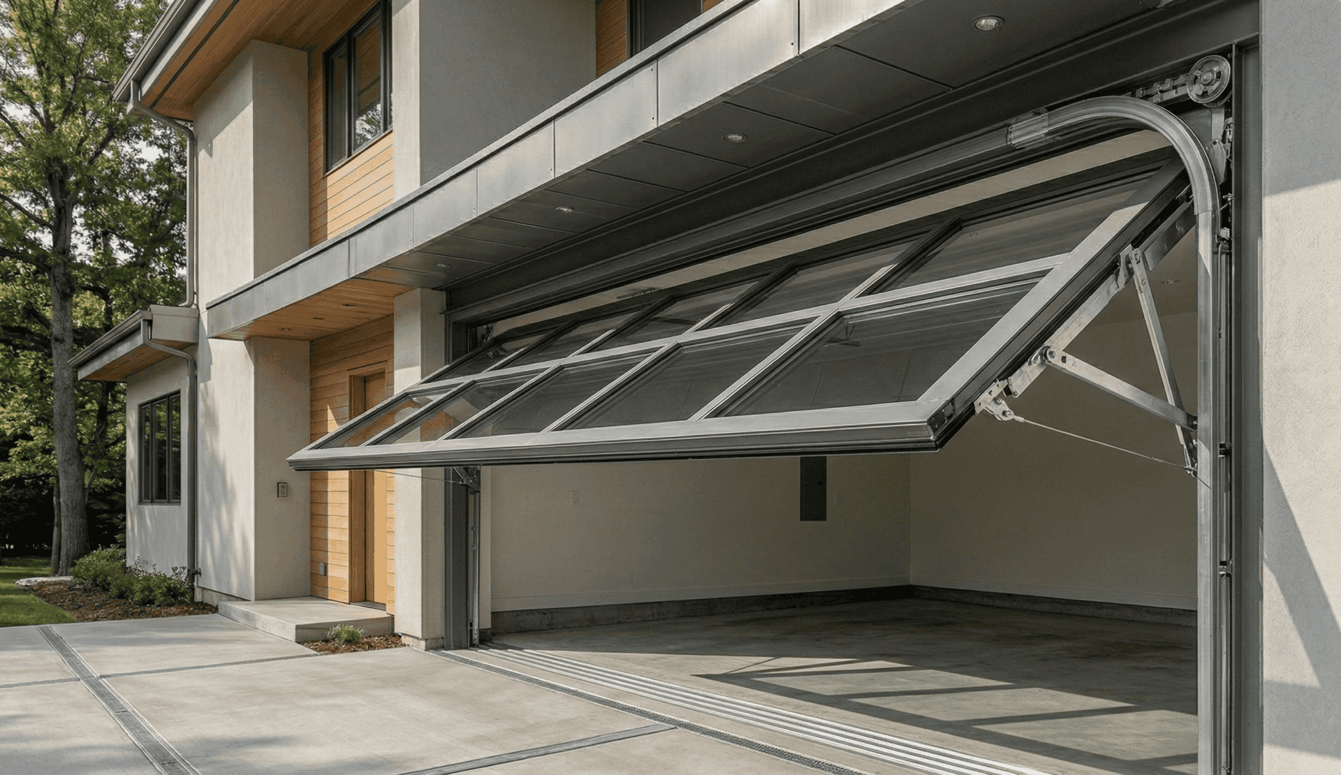 Portão de garagem moderno em aço e vidro abrindo, revelando o mecanismo de sustentação e a estrutura metálica robusta