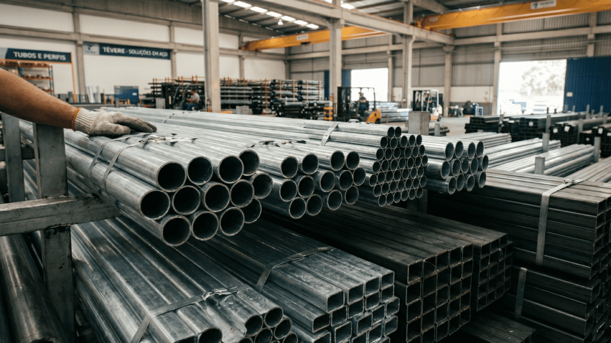 Close em estoque de tubos de aço galvanizado redondos e tubos de aço carbono quadrados organizados em prateleiras industriais dentro de um galpão logístico.