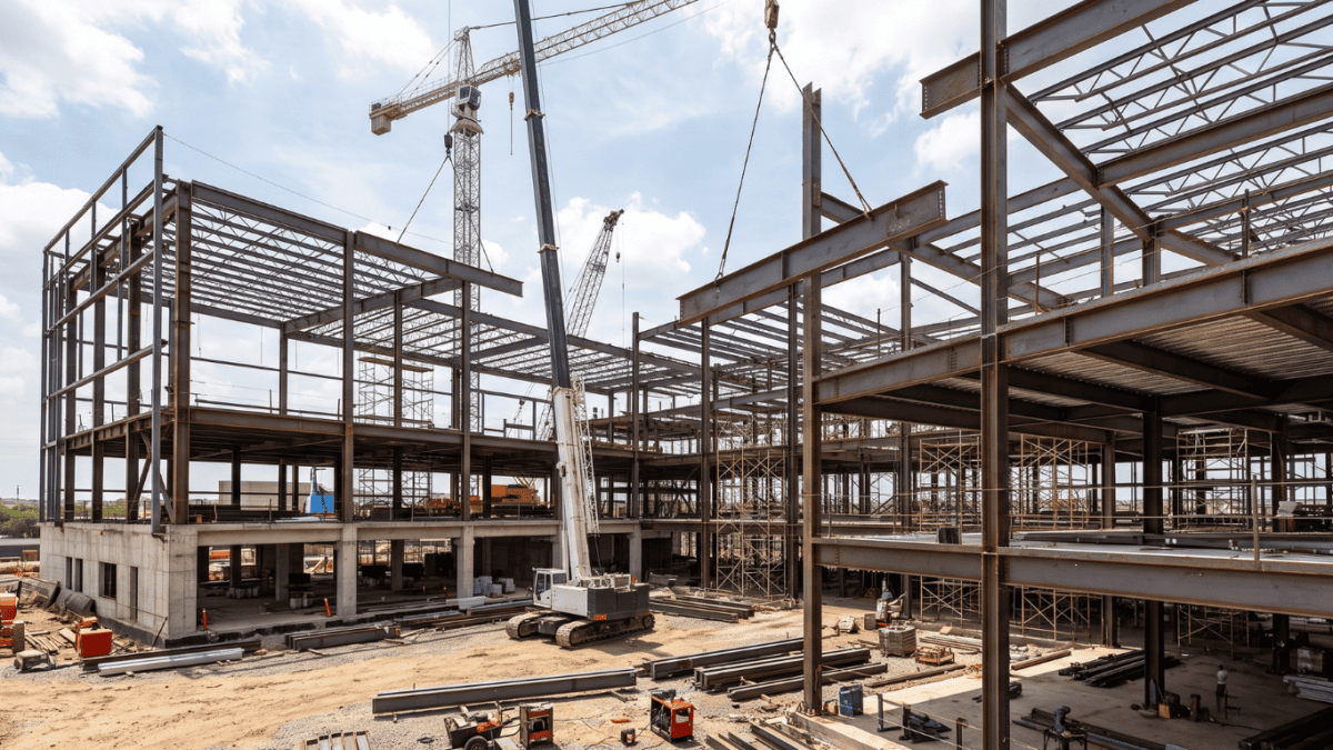 Canteiro de obras de um grande edifício comercial com estrutura de aço e concreto. Guindastes brancos e vermelhos operam sob céu nublado. Pilhas de materiais de metal no chão de terra.