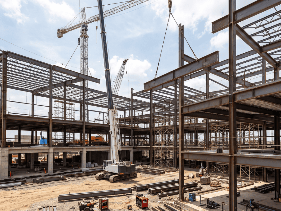 Canteiro de obras de um grande edifício comercial com estrutura de aço e concreto. Guindastes brancos e vermelhos operam sob céu nublado. Pilhas de materiais de metal no chão de terra.