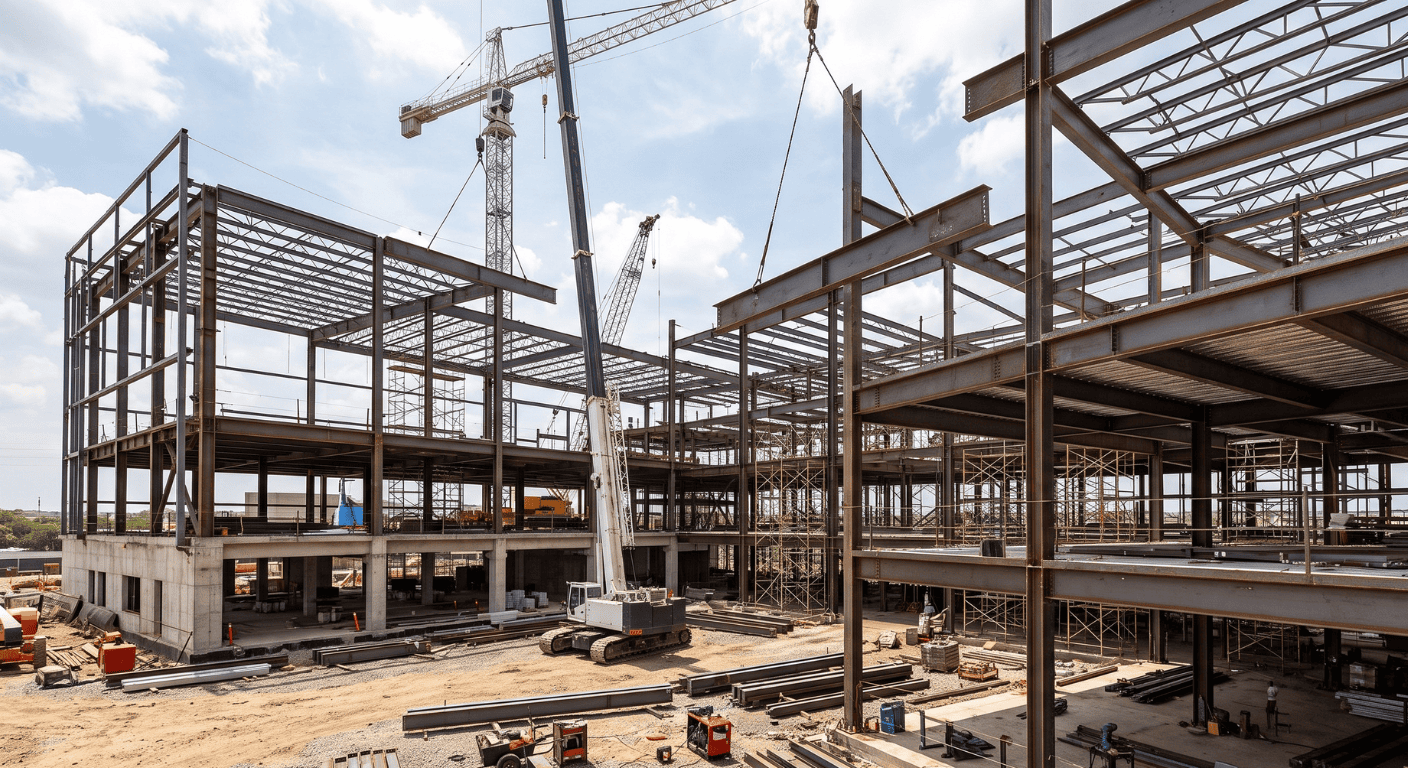 Canteiro de obras de um grande edifício comercial com estrutura de aço e concreto. Guindastes brancos e vermelhos operam sob céu nublado. Pilhas de materiais de metal no chão de terra.