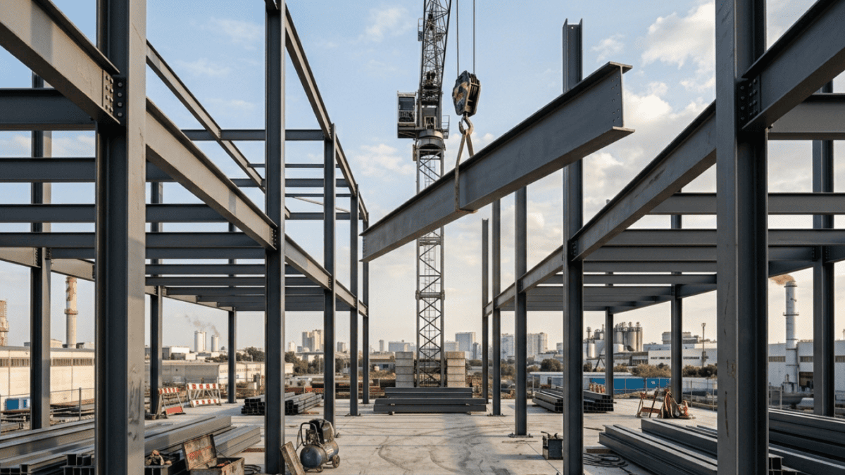 Vista em perspectiva da montagem de uma estrutura de aço industrial, mostrando vigas I armazenadas no chão e um guindaste operando ao fundo contra uma linha de horizonte da cidade.
