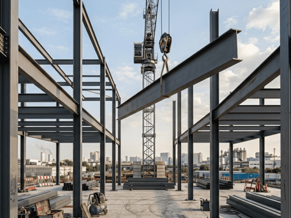 Vista em perspectiva da montagem de uma estrutura de aço industrial, mostrando vigas I armazenadas no chão e um guindaste operando ao fundo contra uma linha de horizonte da cidade.