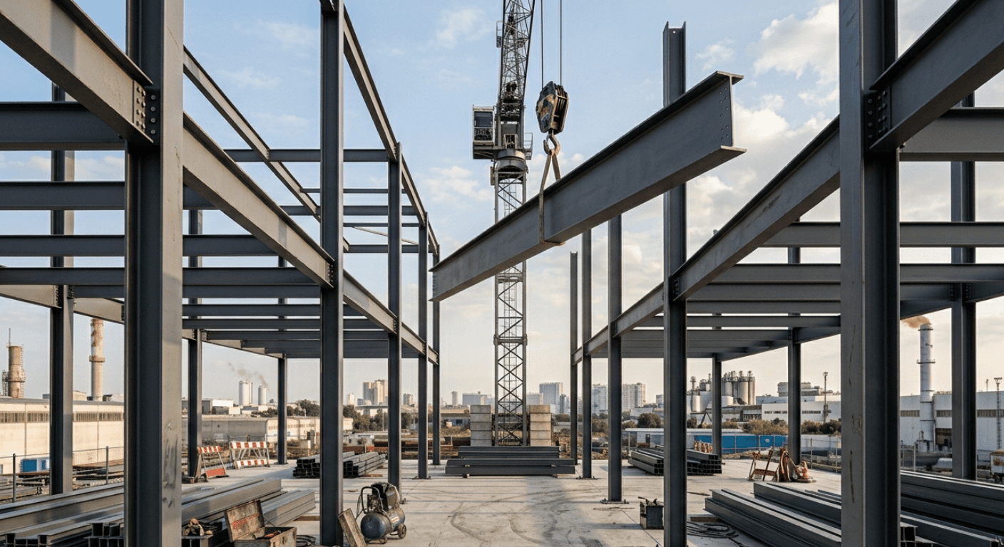 Vista em perspectiva da montagem de uma estrutura de aço industrial, mostrando vigas I armazenadas no chão e um guindaste operando ao fundo contra uma linha de horizonte da cidade.