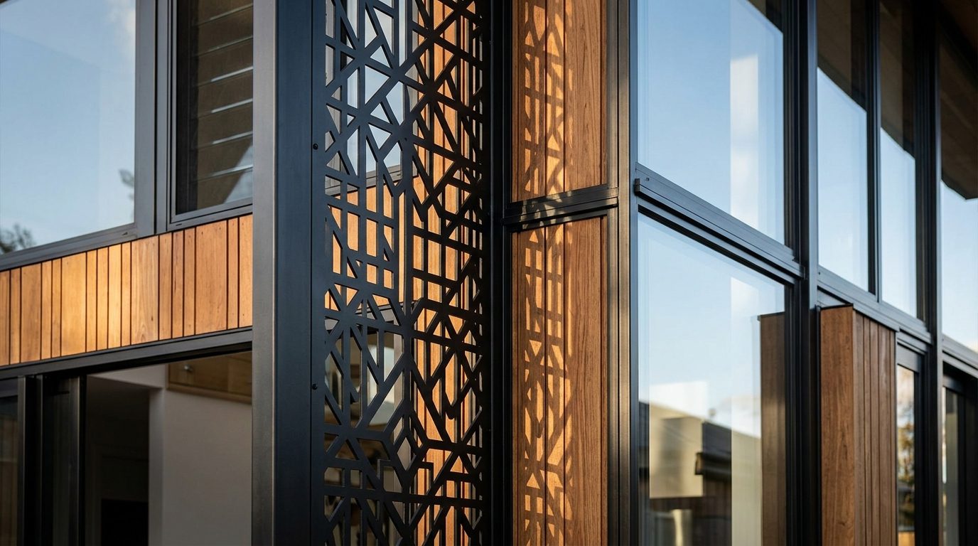 Close-up architectural photograph of a modern building facade. Features a custom laser-cut decorative black steel panel contrasting against warm wooden elements and clear glass windows. Dramatic play of natural sunlight and geometric shadows, premium architectural materials, photorealistic