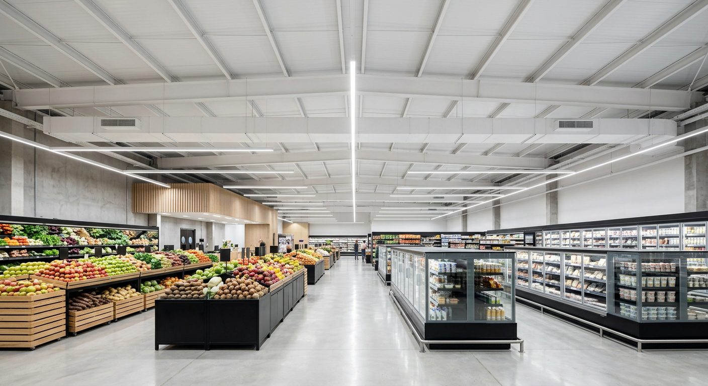 Fotografia do interior de um supermercado moderno com teto industrial branco em telhas isotérmicas metálicas. Abaixo, destacam-se corredores amplos e iluminados com bancadas de hortifrúti e expositores refrigerados, sem marcas visíveis.
