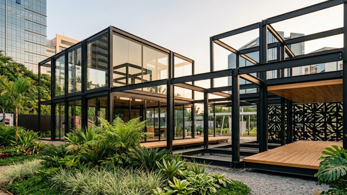 Fotografia de um pavilhão de arquitetura pop-up montado em um jardim. A estrutura modular é feita com perfis de aço preto aparente, panos de vidro e deck de madeira, sem pessoas no local. À direita, destaca-se um painel metálico preto com recortes vazados, exemplificando o uso de estruturas metálicas na construção efêmera