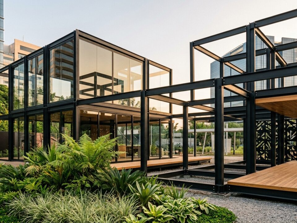 Fotografia de um pavilhão de arquitetura pop-up montado em um jardim. A estrutura modular é feita com perfis de aço preto aparente, panos de vidro e deck de madeira, sem pessoas no local. À direita, destaca-se um painel metálico preto com recortes vazados, exemplificando o uso de estruturas metálicas na construção efêmera