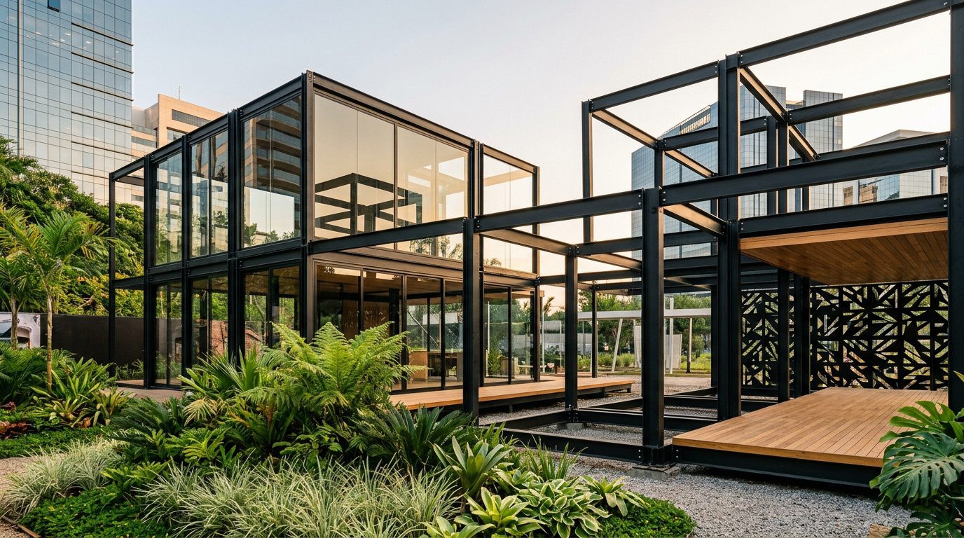 Fotografia de um pavilhão de arquitetura pop-up montado em um jardim. A estrutura modular é feita com perfis de aço preto aparente, panos de vidro e deck de madeira, sem pessoas no local. À direita, destaca-se um painel metálico preto com recortes vazados, exemplificando o uso de estruturas metálicas na construção efêmera