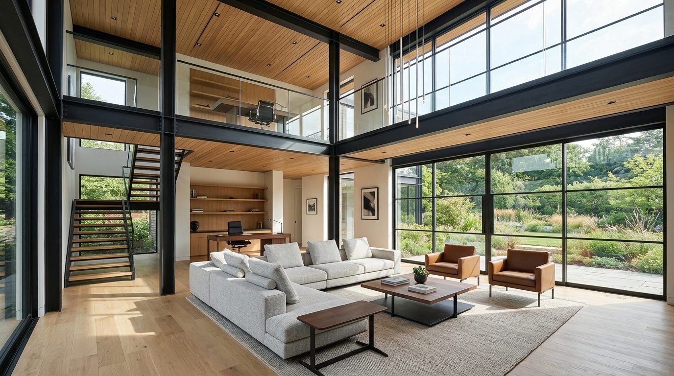 A photorealistic luxury modern architectural house featuring hybrid architecture during golden hour. Bold exposed black steel I-beams, floor-to-ceiling glass panels, and warm natural teak wood wall cladding. Surrounding lush green garden, soft warm interior lighting visible through the glass, architectural digest photography