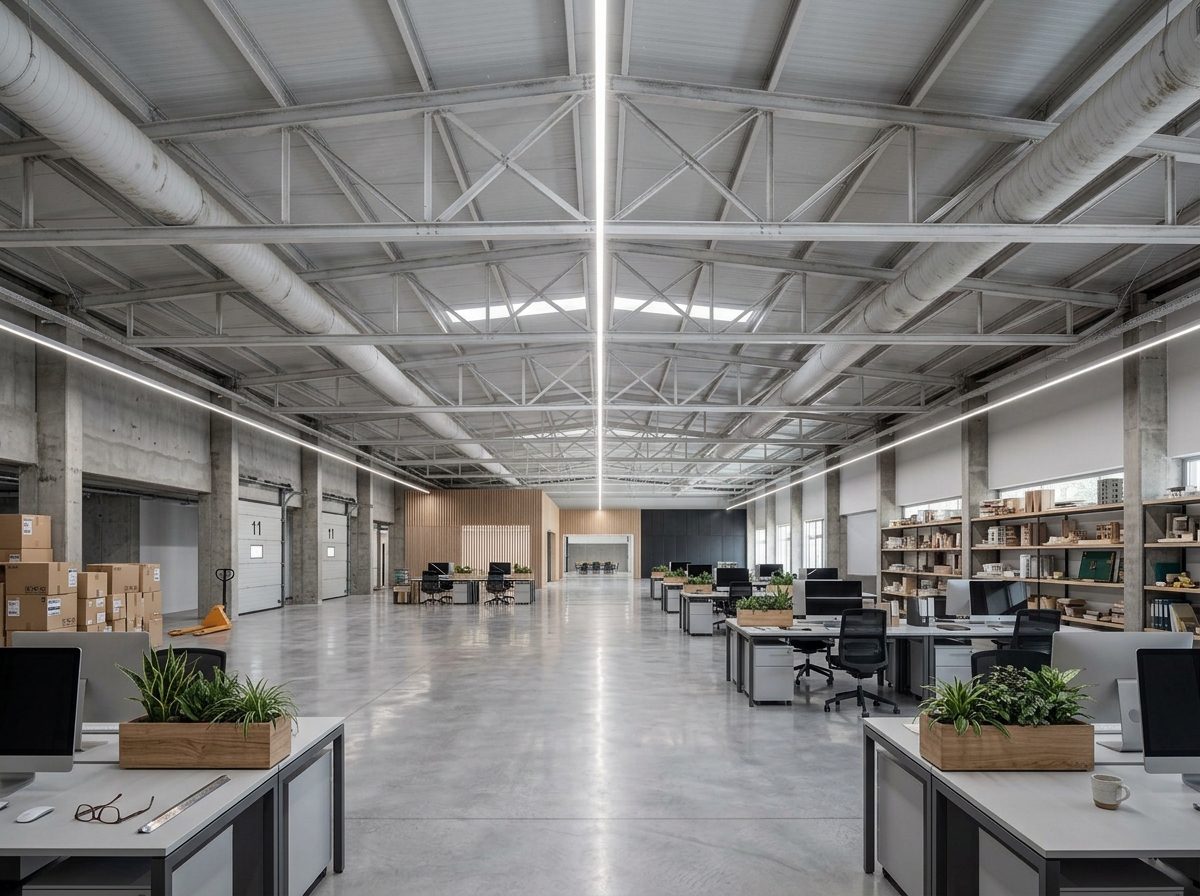 Texto Alternativo: Uma foto em perspectiva de um escritório moderno e vazio, em estilo armazém industrial. O espaço tem teto alto com vigas de metal expostas, dutos de ventilação e longas linhas de luzes LED penduradas. 